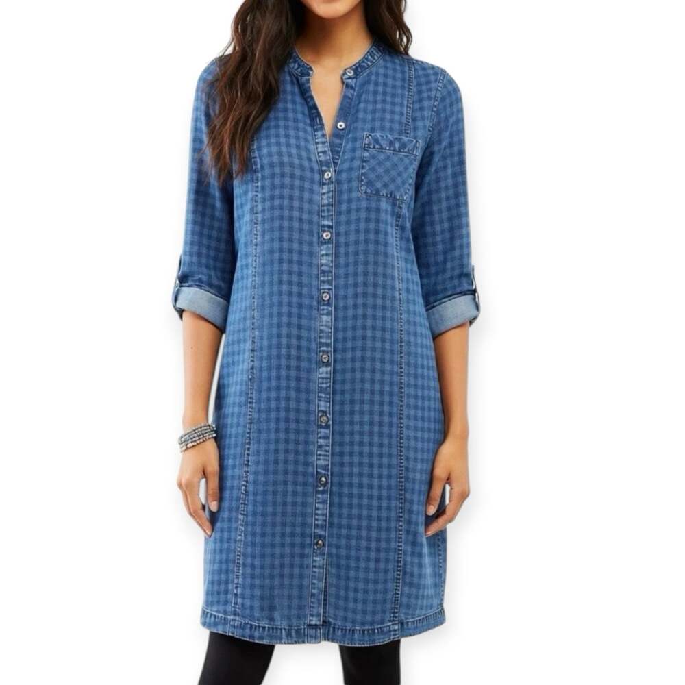 NWT J. Jill Denim Chambray in Blue Ridge Check Plaid Button Down Shirt Dress XSP